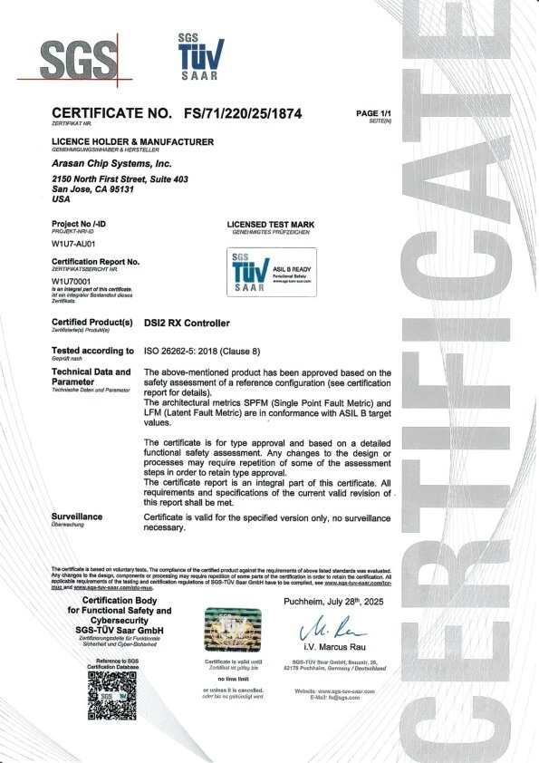 Arasan MIPI DSI-2 Rx Controller achieves ISO 26262 ASIL-B Certification