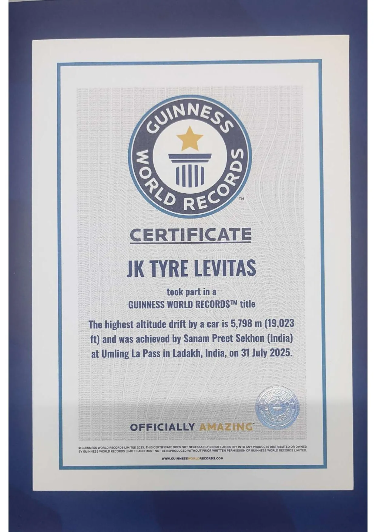 Sanam Sekhon &amp; JK Tyre Levitas Drift into Guinness World Record Books at Umling La, Ladakh