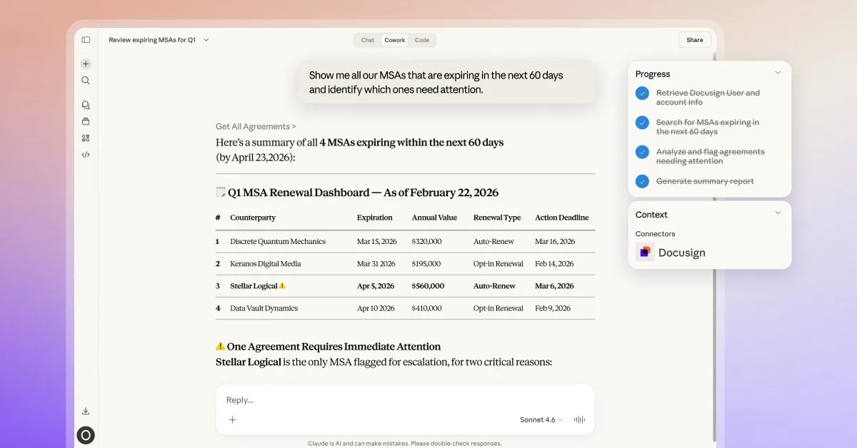 Docusign Partners with Anthropic to Bring Its Intelligent Contract Workflows to Cowork