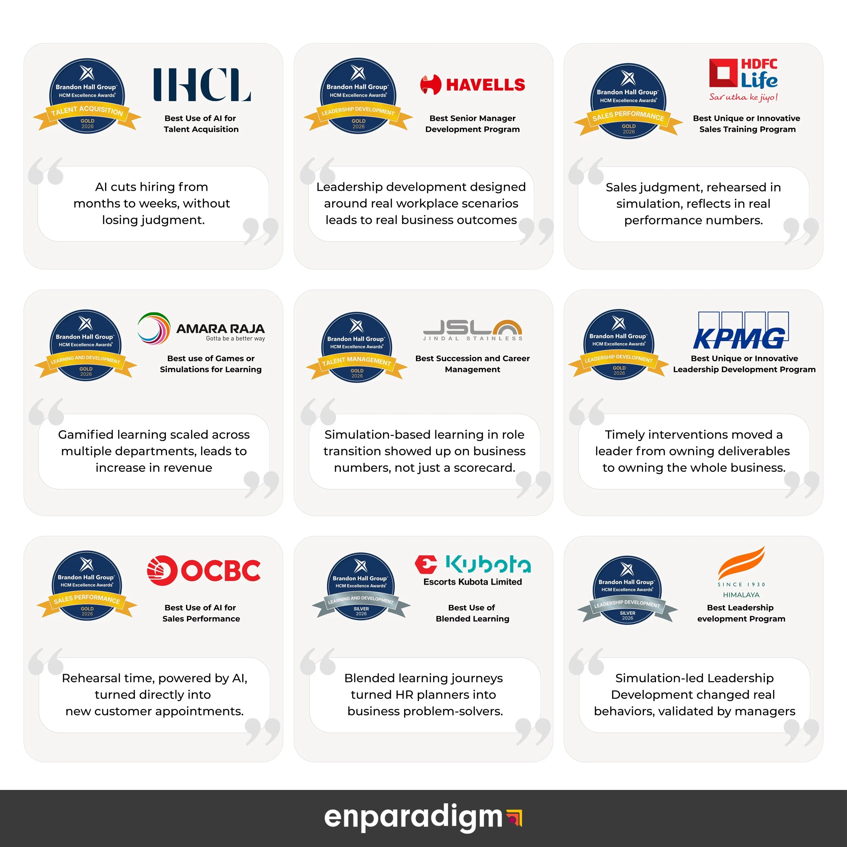enParadigm Wins 9 Brandon Hall Group HCM Excellence Awards® for its Client Interventions, Including 7 Gold