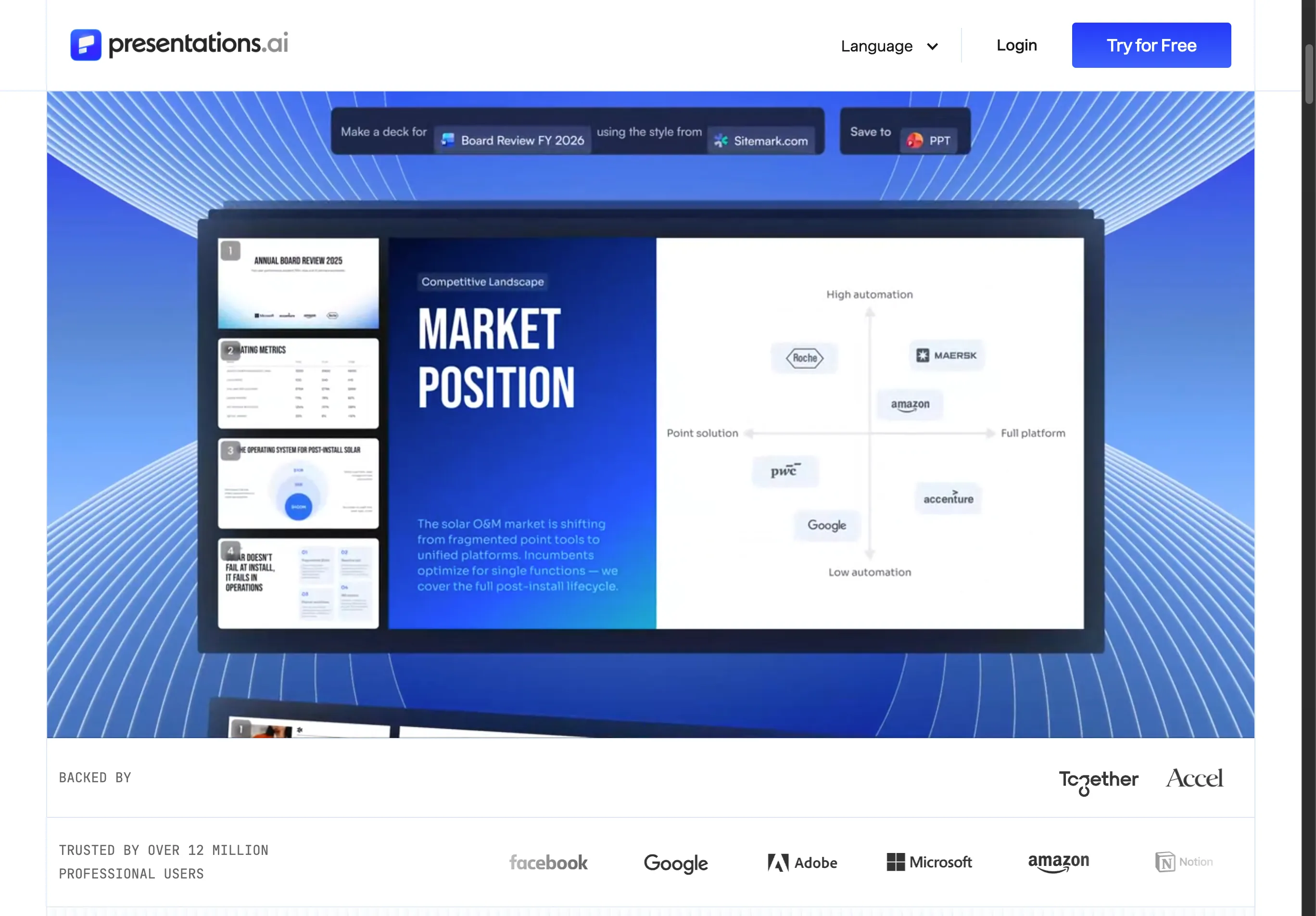 AI PowerPoint Maker for Sales Decks, Investor Decks and Board Presentations Reaches 12 Million Users in 2026 - Presentations.ai Trusted by Leading Global Enterprise Users